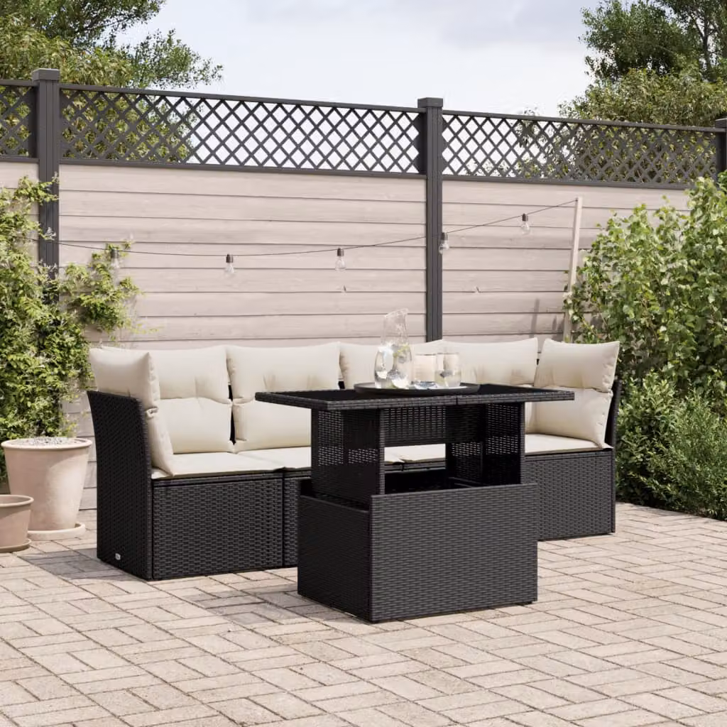 Set da giardino moderno vidaXL composto da divano a 2 posti, elemento angolare, tavolino da caffè e cuscini con coperture rimovibili in bianco e nero – 1