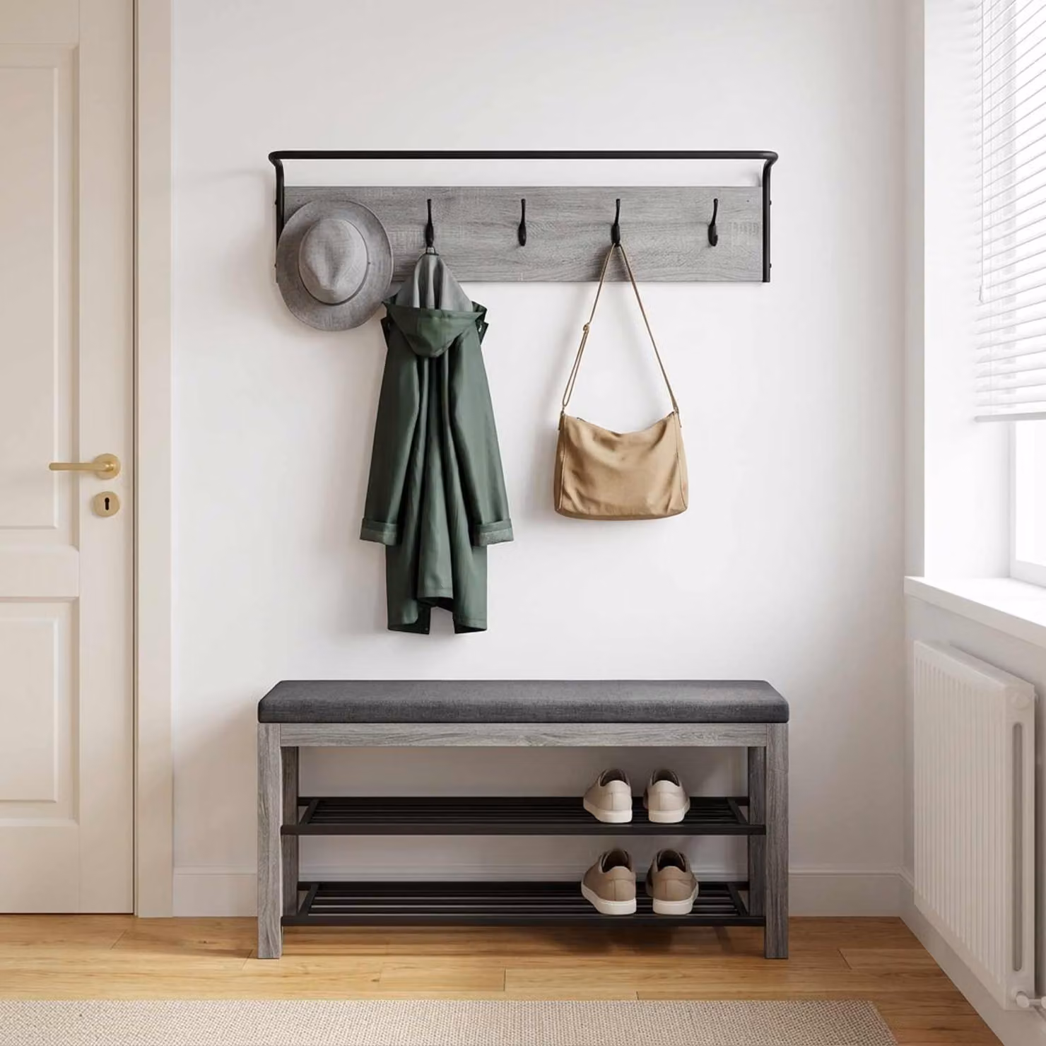 Appendiabiti da parete moderno vidaXL in legno e metallo, colore grigio, L 100 x P 30 x H 25 cm