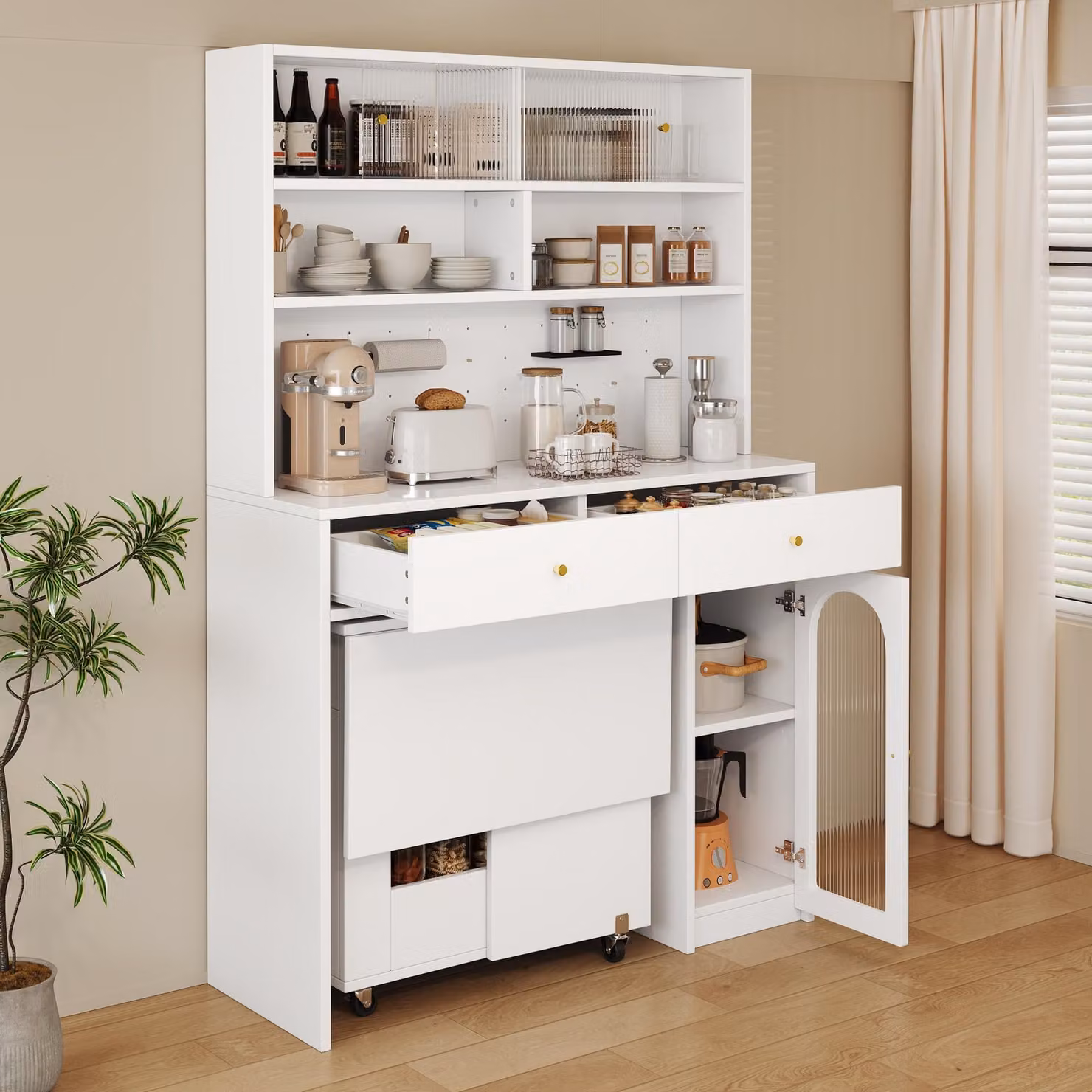 Mobile da cucina Flieks con piano di lavoro, mobile alto con barra portaganci, 2 cassetti, ripiano regolabile, credenza 120x45x180 cm, bianco