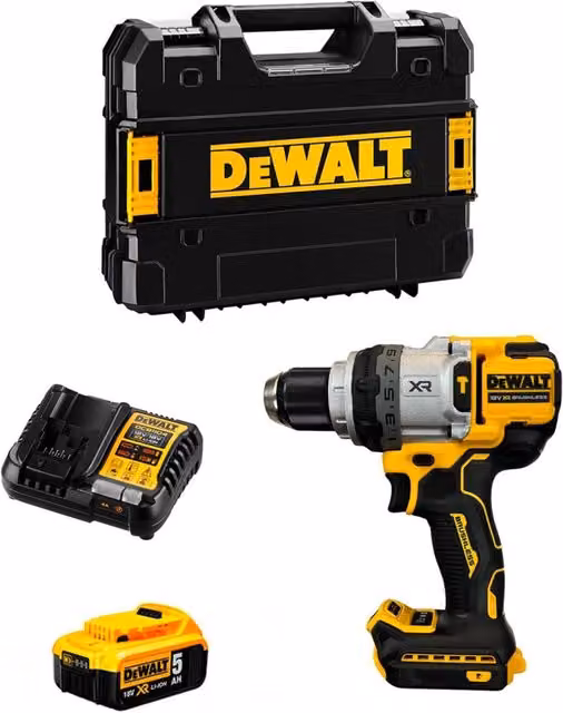 Trapano a percussione DeWALT DCD1007P1T giallo con batteria ricaricabile 5,0 Ah e sistema TSTAK II