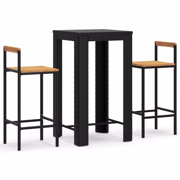 Set Bar Giardino 3 pz Nero Polyrattan e Legno Massello Acacia