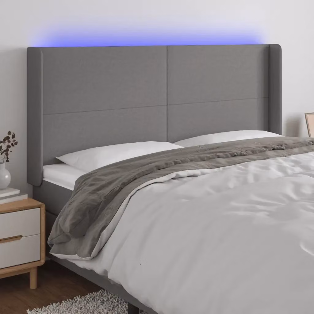 Testiera con illuminazione LED e porta di ricarica USB DESIGN IN in tessuto grigio, L: 163 cm, P: 16 cm, H: 118/128 cm – 2