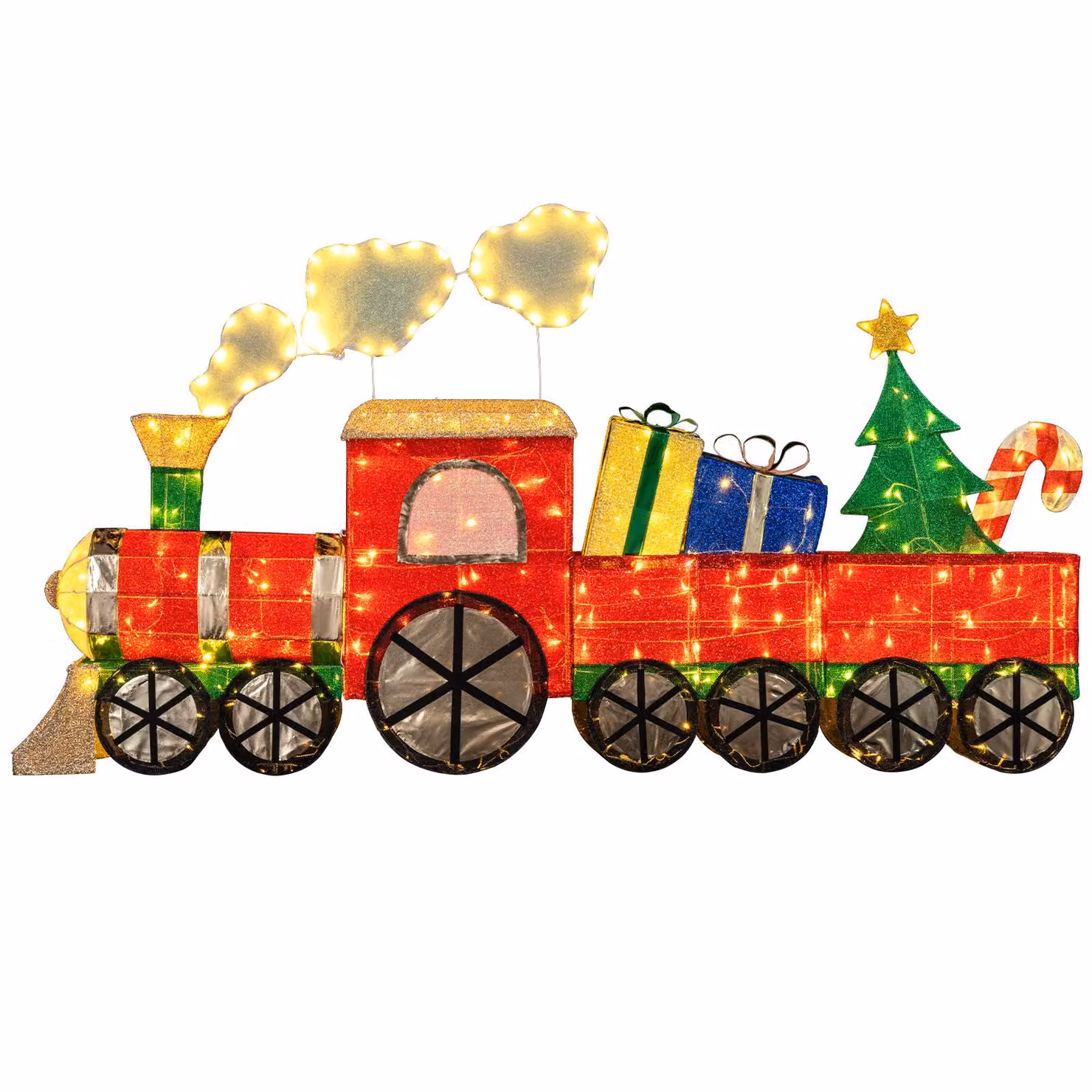 COSTWAY Treno di Natale illuminato, decorazione natalizia di 215 cm con 330 LED, fumo, albero di Natale e bastoncini di zucchero, luci di Natale, decorazione natalizia