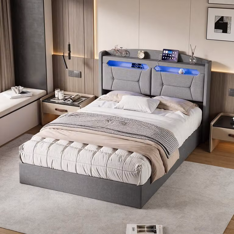 Letto matrimoniale con rete a molle INONEFT, 140x200 cm, con illuminazione LED e porte USB/Type-C, struttura imbottita, contenitore a letto, sistema di sollevamento idraulico, adatto anche per ragazzi, disponibile nei colori: lino e grigio.