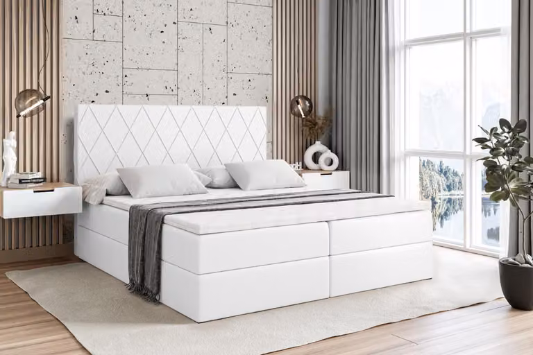 Letto boxspring ALTDECOR con materasso e rete a doghe - LEPARO - 160x200 cm - Pelle finta bianca - Letto boxspring, topper, letto imbottito con contenitore, letto con vano portaoggetti H4 - Materasso, letto matrimoniale, letto boxspring