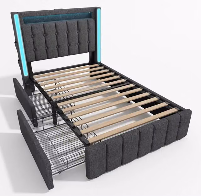 Letto singolo imbottito 90x200 cm con funzione di ricarica USB Tipo C, LED integrati e 2 cassetti, grigio, struttura con doghe in legno (senza materasso)