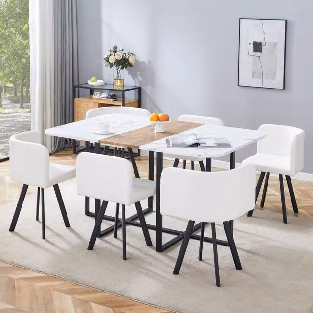 Set tavolo e sedie da pranzo estensibile MIVRAY moderno per 4-7 persone in MDF, metallo e PU nei colori bianco, nero e legno naturale