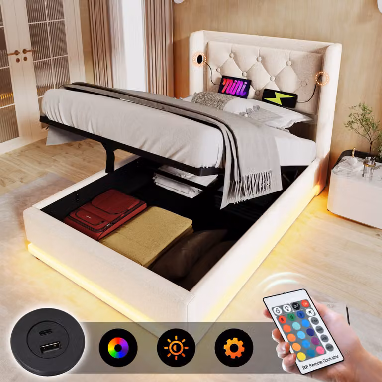 Letto imbottito Flieks 90x200cm con USB e Type-C, letto singolo per ragazzi con LED, letto contenitore idraulico con rete a doghe, cotone, beige