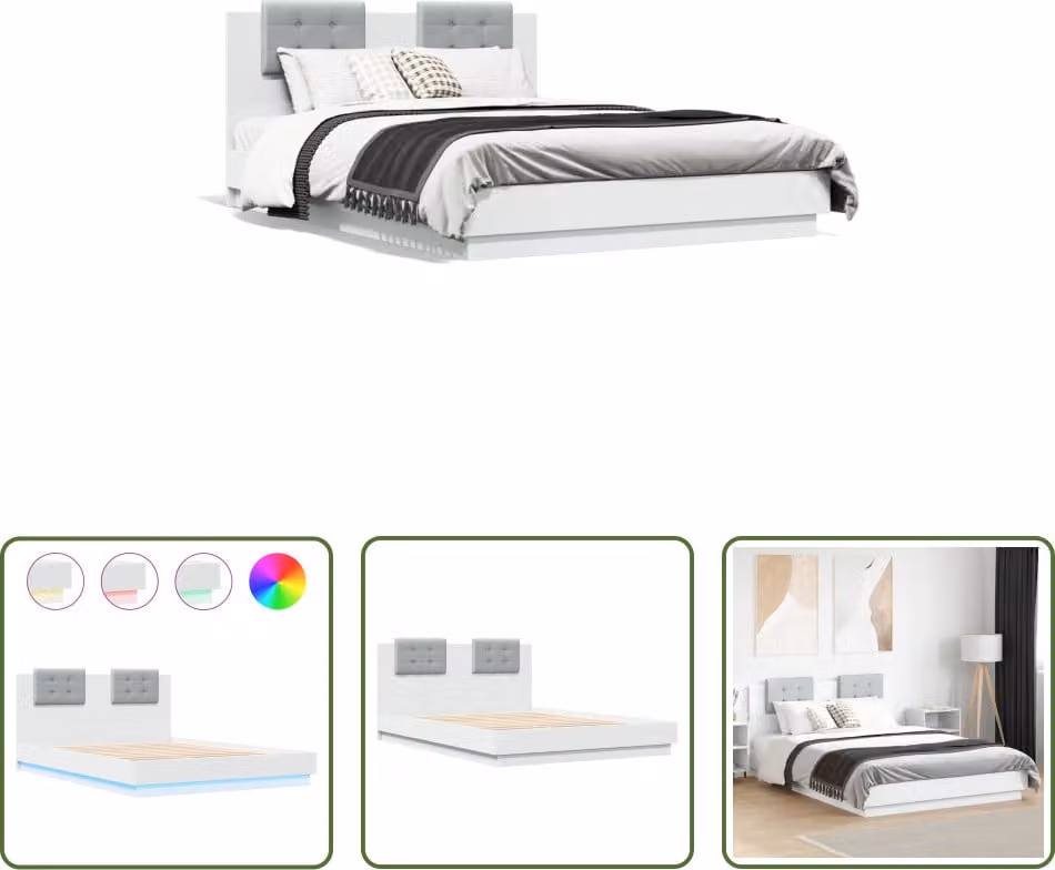 The Living Store Giroletto con testiera e luci LED bianco 120x200 cm
