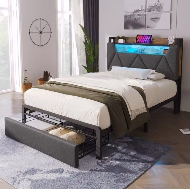 Letto singolo imbottito 90x200 cm con testiera contenitore, LED integrato e cassetti, struttura in metallo grigia senza materasso
