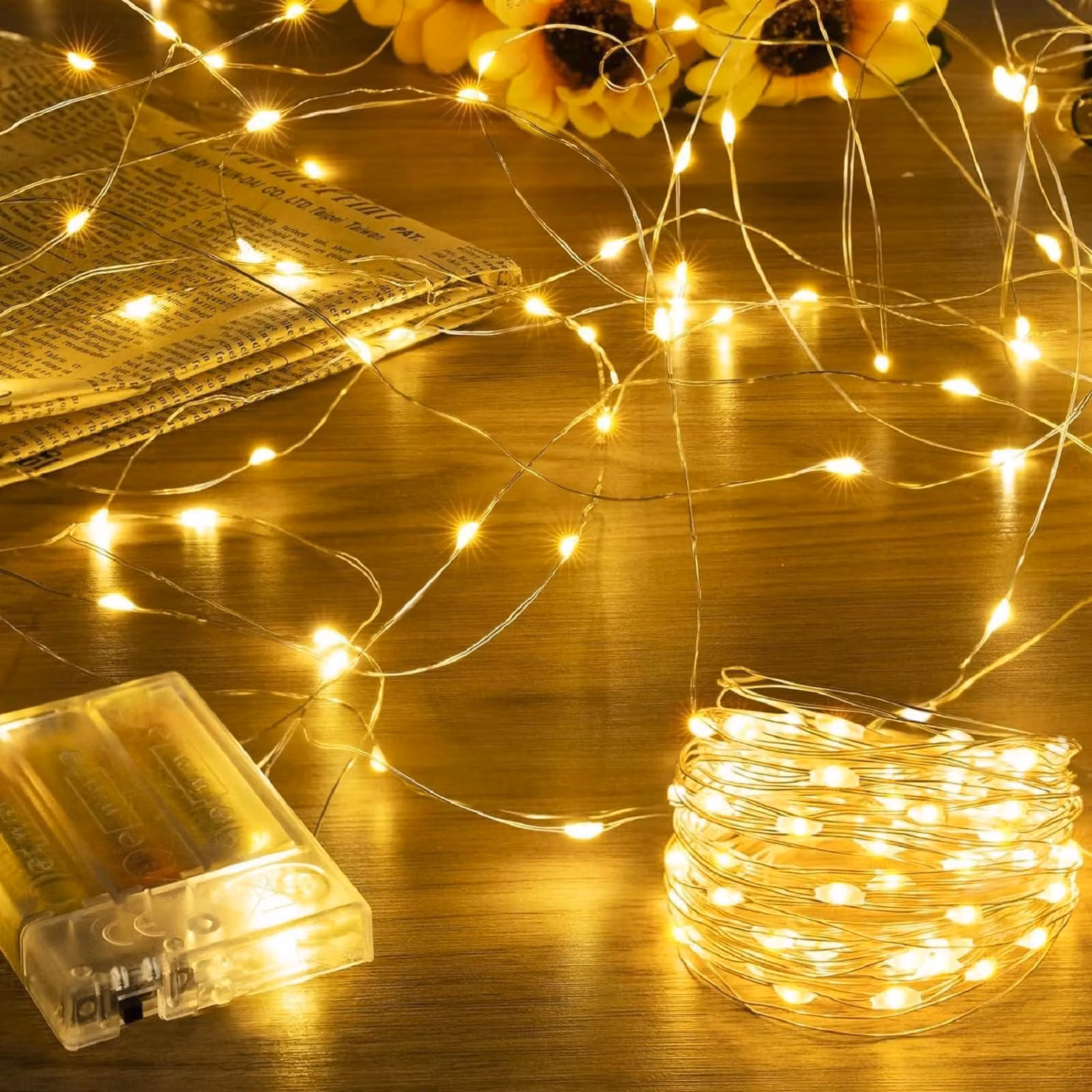 Catena luminosa, 2 x 5 metri, 50 LED, alimentata a batteria, impermeabile, luce bianco caldo