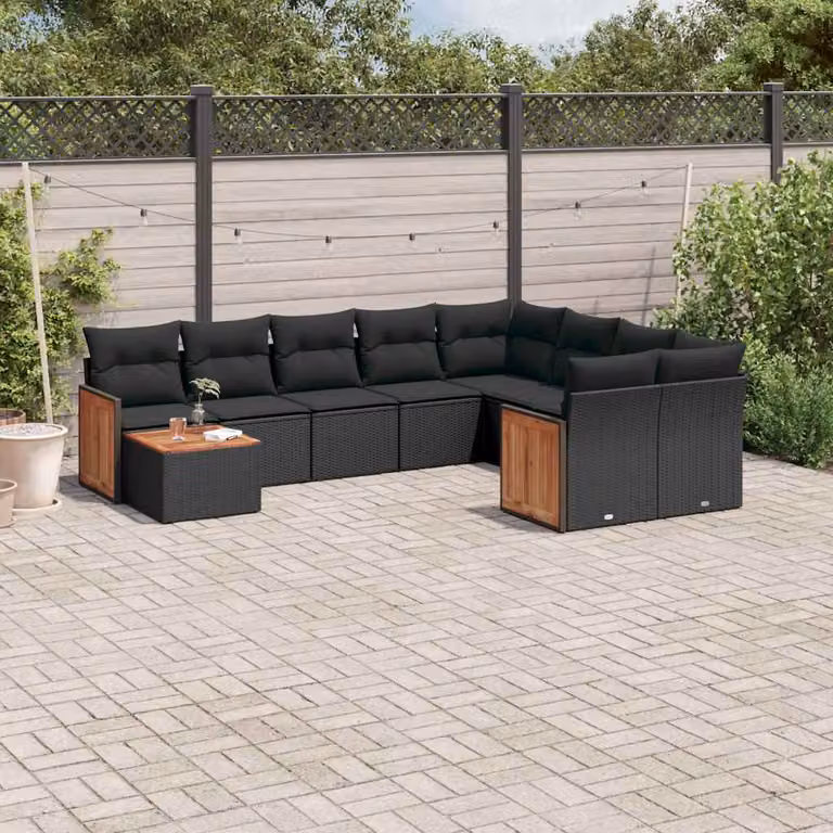 Set di divani da giardino vidaXL in polyrattan nero con cuscini e tavolino da esterno