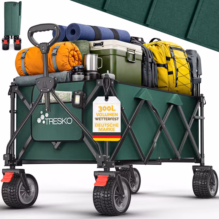 Carrello pieghevole TRESKO® da 300 litri con freno, verde | Carrello a mano pieghevole con portata di 150 kg, dotato di ruote in gomma piena | Carrello da spiaggia pieghevole con ruote fuoristrada extra larghe | Carrello da giardino e da trasporto con bor