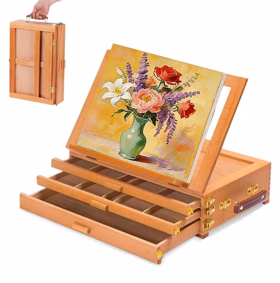 Cavalletto da tavolo in legno con contenitore portaoggetti - Tavolo da disegno regolabile per pittura e disegno