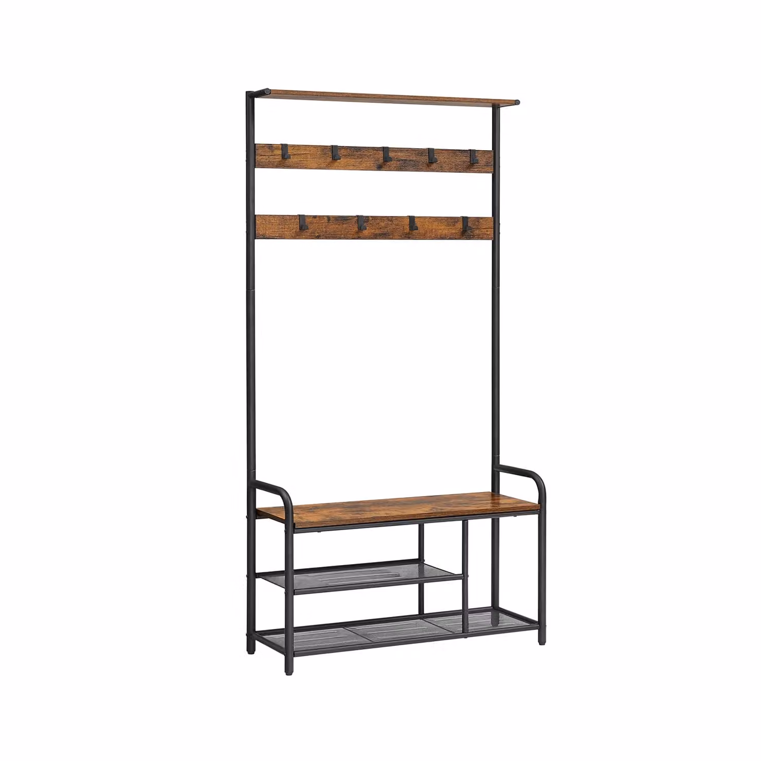 Appendiabiti con Scarpiera, Mobile Ingresso con 9 Ganci Rimovibili, Panca, Mensola, 30 x 85 x 180,5 cm, Marrone Vintage + Nero