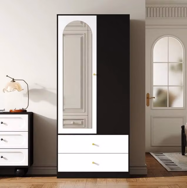 Armadio moderno con specchio e ante soft-close bianco e nero L 80 cm, P 40 cm, H 180 cm – 1