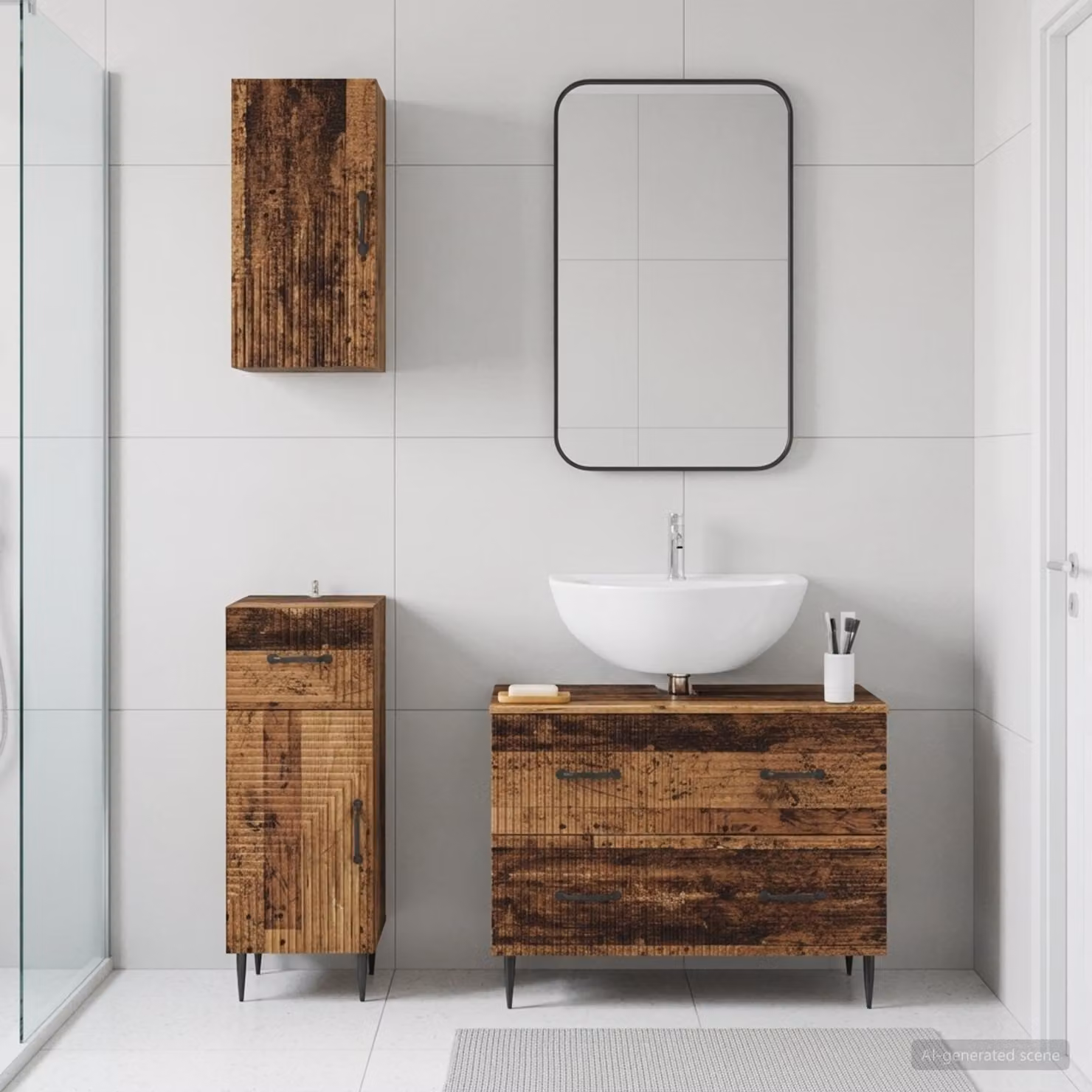Set di armadietti da bagno vidaXL HAARLEM in 3 pezzi, legno marrone con mobile lavabo e pensili a parete
