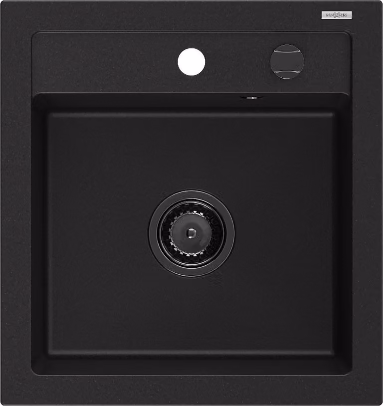 Mexen Vito lavello in granito a 1 vasca 520 x 490 mm, nero, sifone nero - 6503521000-77-B