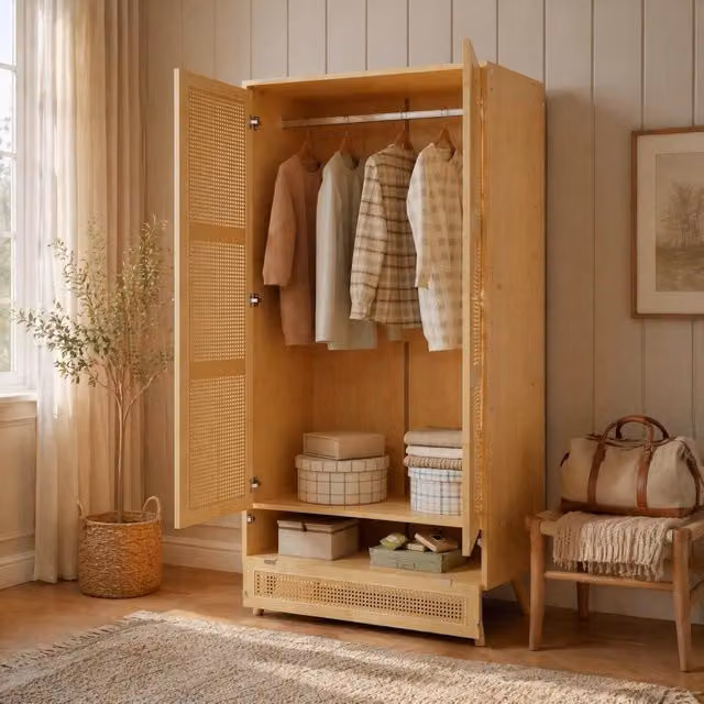 Armadio ULEVR 90x45x183 cm a 2 ante con barra appendiabiti e vano inferiore con apertura a ribalta, naturale