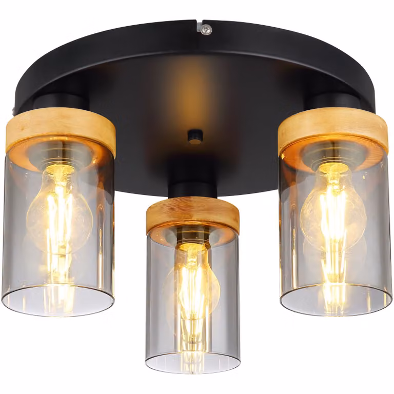 Globo Lighting plafoniera metallo nero opaco, legno marrone scuro, vetro color fumo, ø: 390mm, H: 210mm, escl. 3x E27 40W 230V