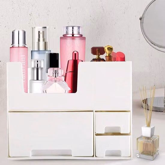 Organizer in plastica per il beauty case, bagno, 2 cassetti, accessorio per la toeletta, mobile a specchio