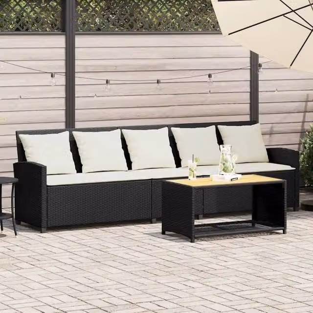 Divano da Giardino a 5 Posti con Cuscini-Sofa da Giardino-Divano da esterno Nero in Polyrattan 301219