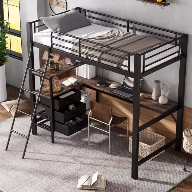 Letto a soppalco 90x200 cm in metallo e legno; nero; con scrivania da 2 m e 3 cassetti