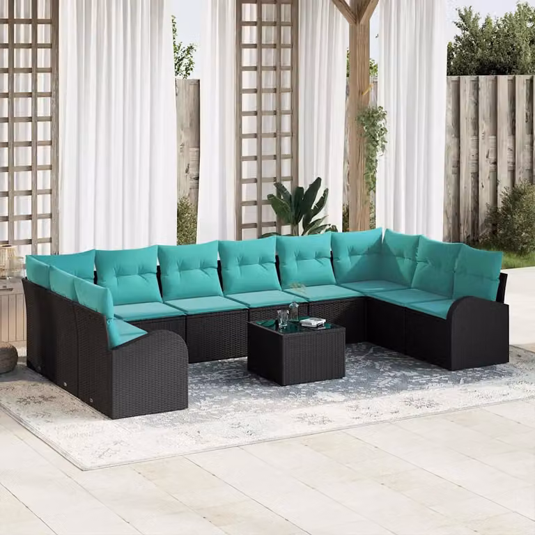 Set Divano da Giardino vidaXL 11 pz a forma a U in Polyrattan con Cuscini Nero e Turchese
