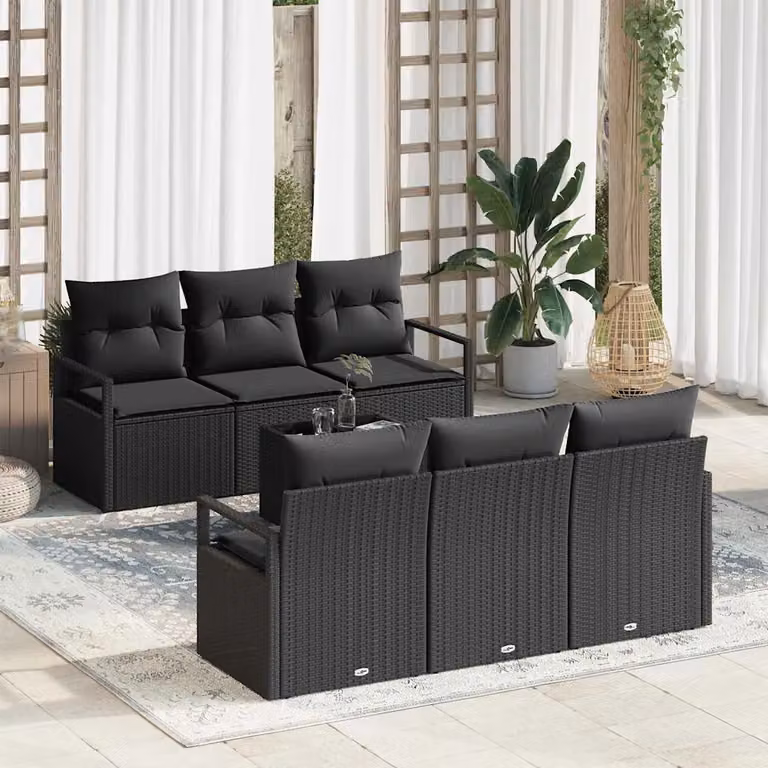 Set di divani da giardino vidaXL a forma di U composto da 7 pezzi in rattan nero con struttura in acciaio e cuscini inclusi