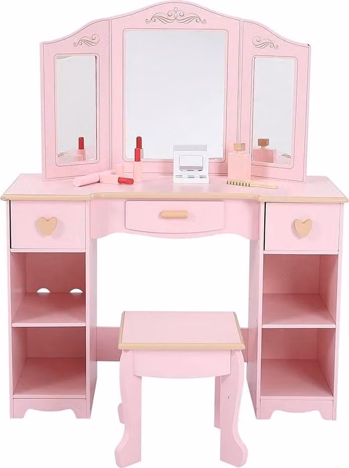 Tavolo da trucco per bambini con sedia - Toeletta in legno - Specchio pieghevole a tre ante - Tavolo da trucco e scrivania 2 in 1 - Per camerette - Rosa