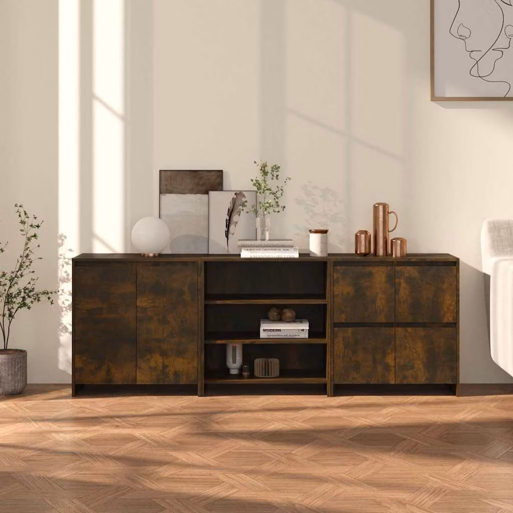 Set di 3 credenze vidaXL in legno multistrato Rovere Fumo, colore marrone, design moderno e sospeso a parete