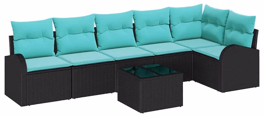 Set da giardino composto da 7 pezzi, in rattan sintetico nero e turchese