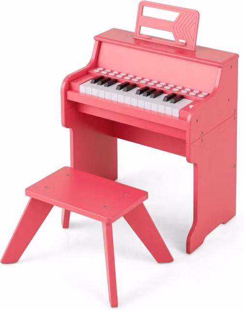 Mini tastiera pianoforte per bambini a 25 tasti con sgabello, Mini pianoforte digitale in legno con velocit¨¤ regolabili Rosa-Tastiere elettriche