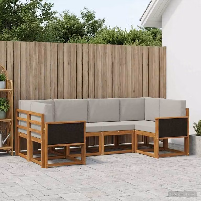 Set di divani da esterno vidaXL a forma di L in legno di acacia con cuscini, 6 pezzi, Marrone e Grigio
