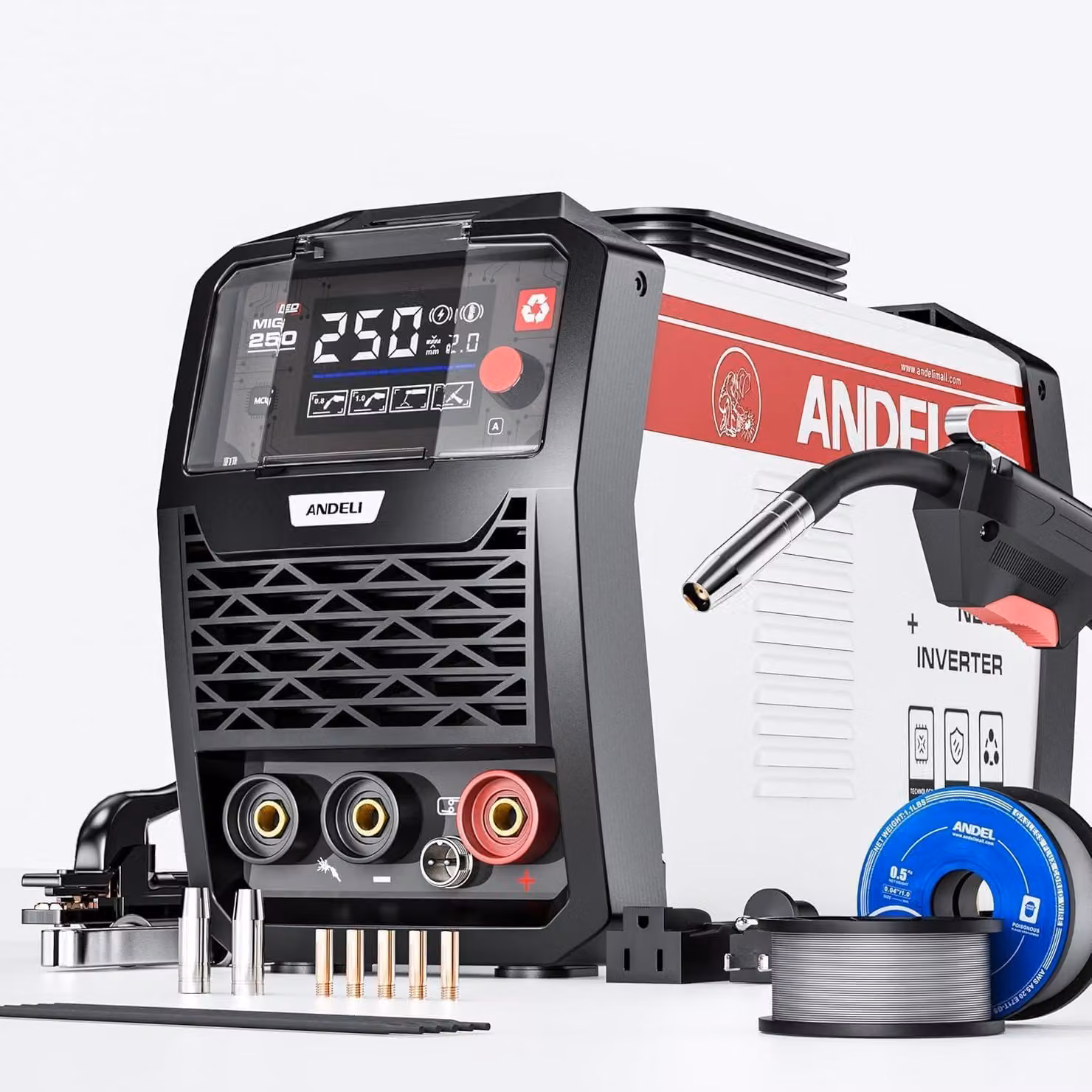 Saldatrice multifunzione - MIG, Flux, TIG, MMA, 135A, con display a LED e doppia tensione