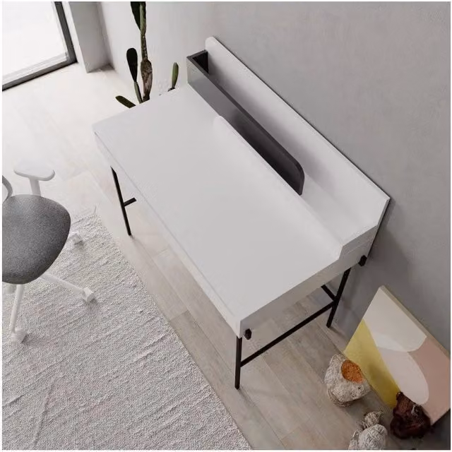 Scrivania bianco con dettagli antracite e gambe nere Leila 110x60x101