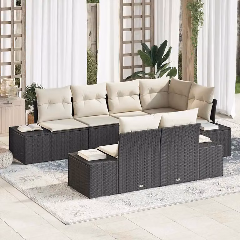 Set Divano da Giardino vidaXL 7 Pezzi Moderno in Polyrattan Nero e Beige con Cuscini e Copertura Antivento