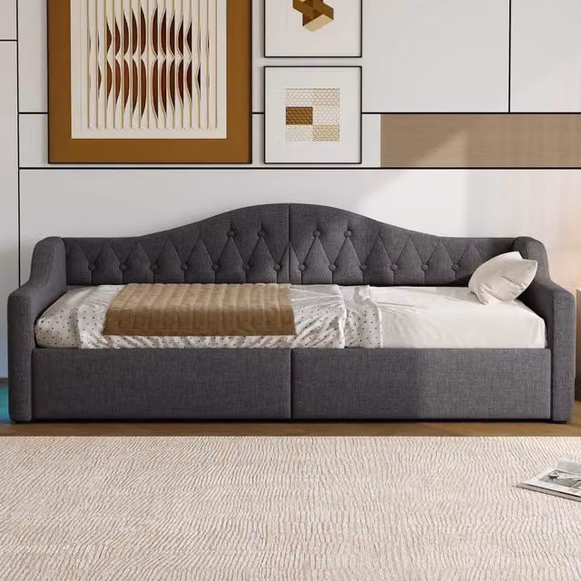 Letto contenitore Mivray in tessuto grigio con illuminazione LED e rete a doghe in MDF, L/P/H: 90 x 200 x 69 cm