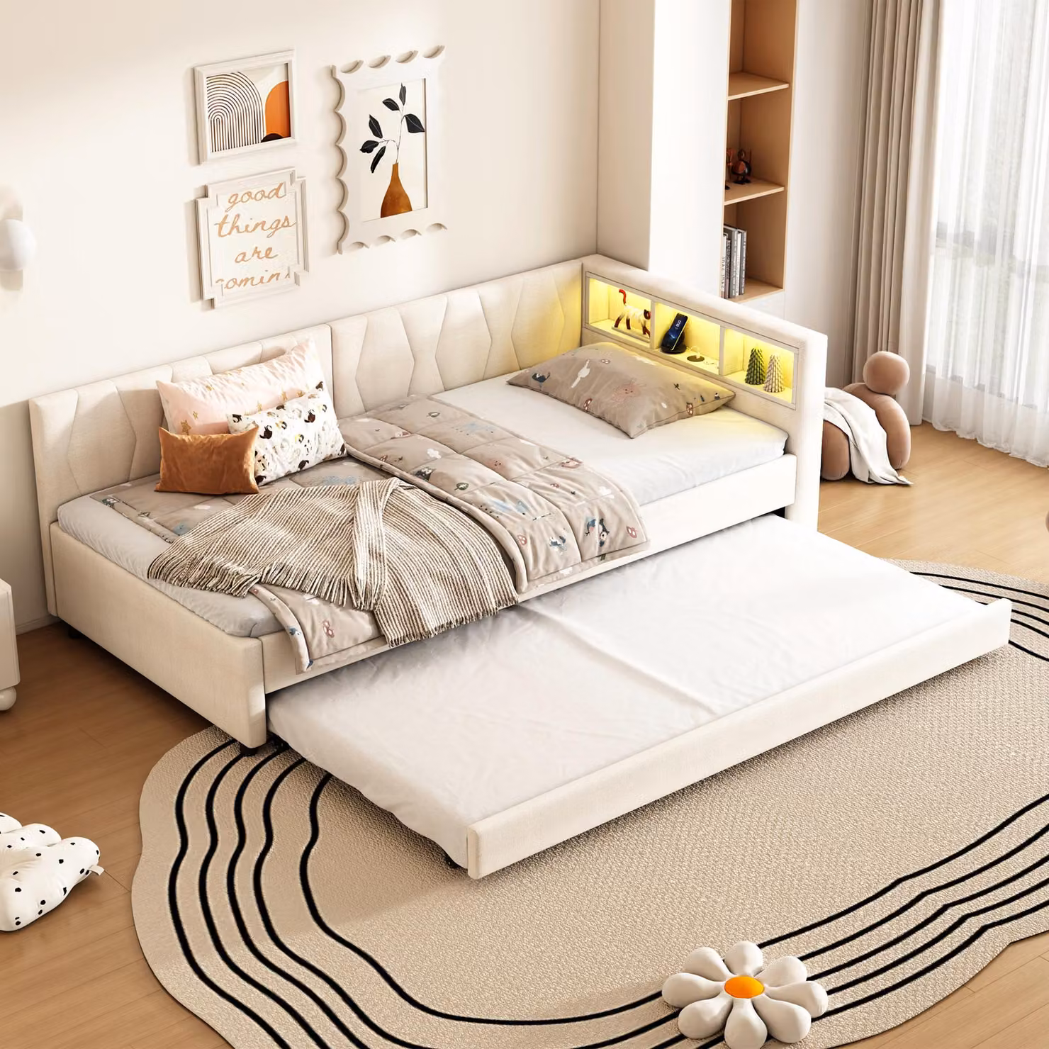 MODFU Divano letto con materasso 90x200 letto junior con letto estraibile, USB+Tipo C, letto per bambini con contenitore letto da giorno con telecomando luce LED, beige