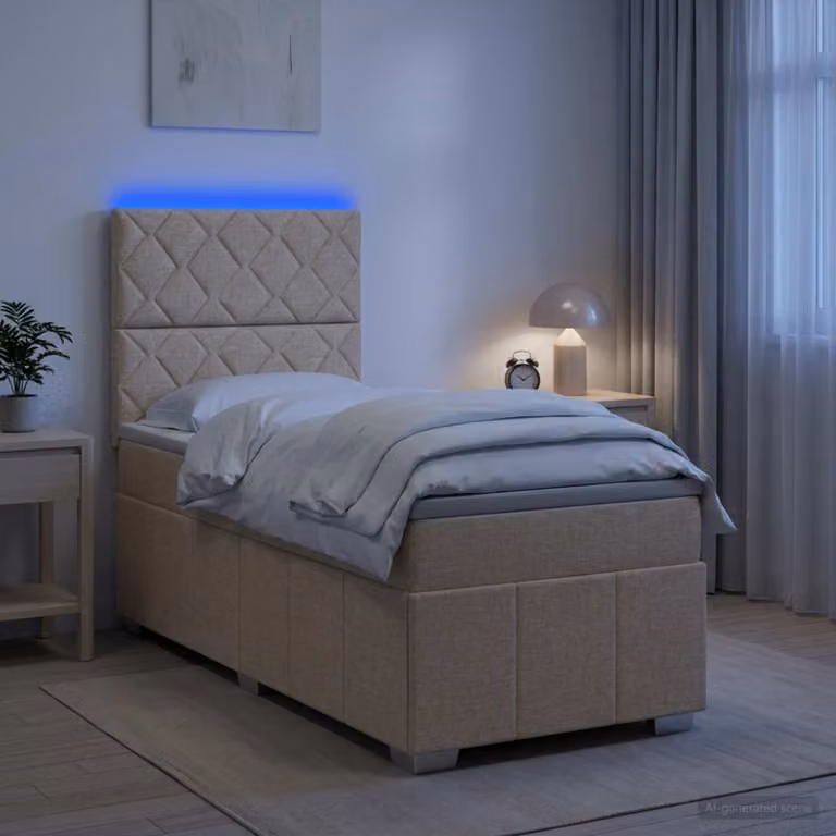 Letto Box Spring vidaXL con Materasso in Tessuto Beige e Illuminazione LED, Porta USB e Contenitore, L/P: 100 x 200 cm