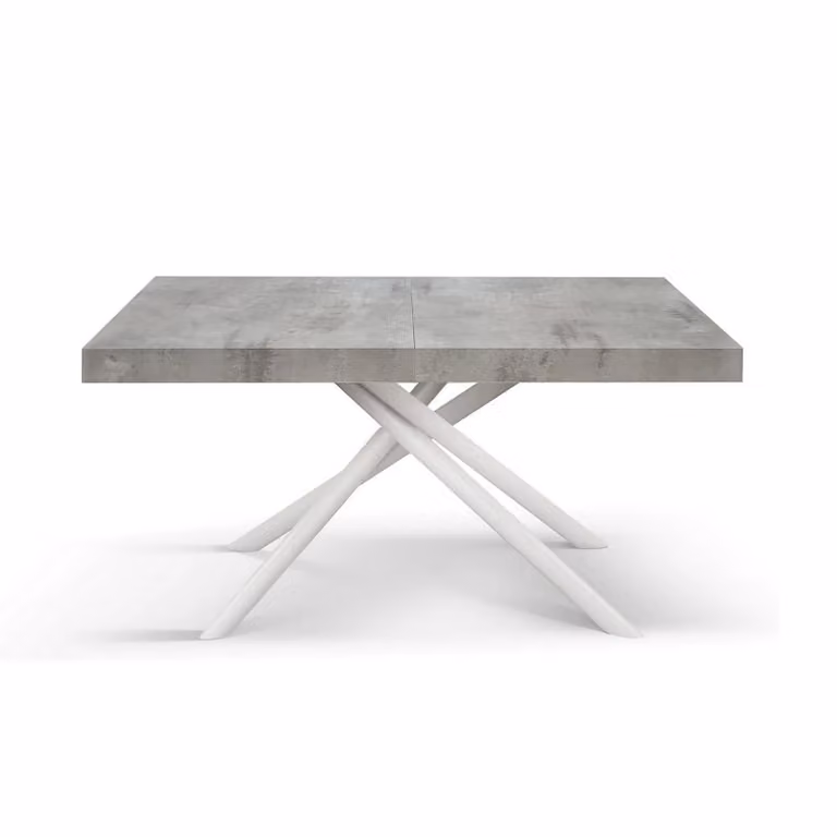 Tavolo CARRARA in legno, finitura grigio cemento e base in metallo verniciato bianco, allungabile 140×90 cm – 220×90 cm