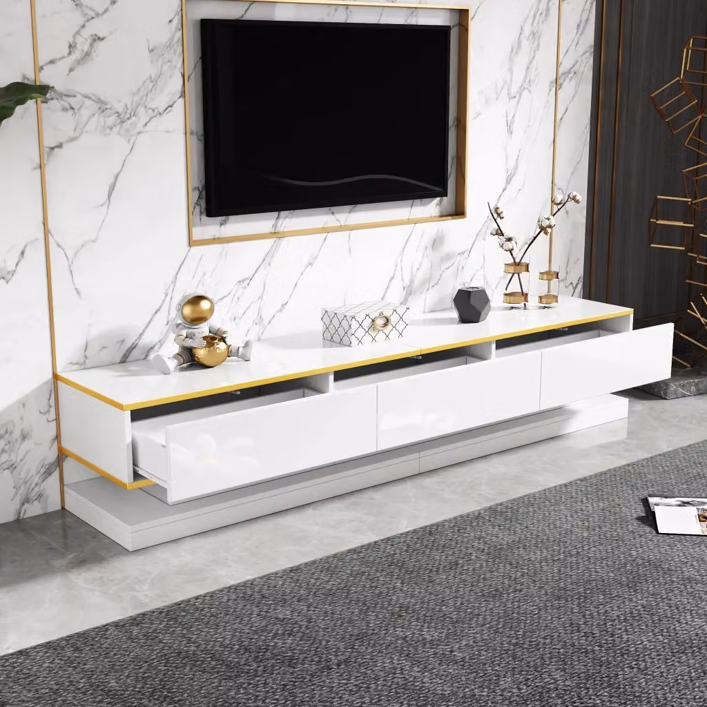 Mobile TV FOLYNA moderno in pannello truciolare bianco caldo con bordo dorato, dotato di 3 cassetti e ripiani aperti, L 200 x P 40 x H 40 cm – 2
