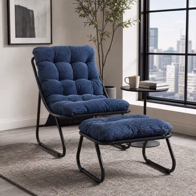 Poltrona lounge con pouf 65x78x86 cm blu navy in acciaio; poggiapiedi incluso