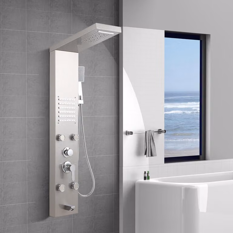 Jayseuw pannello doccia in acciaio inox con getti di massaggio, doccia a pioggia, doccetta, colonna doccia a cascata (acciaio inox spazzolato)