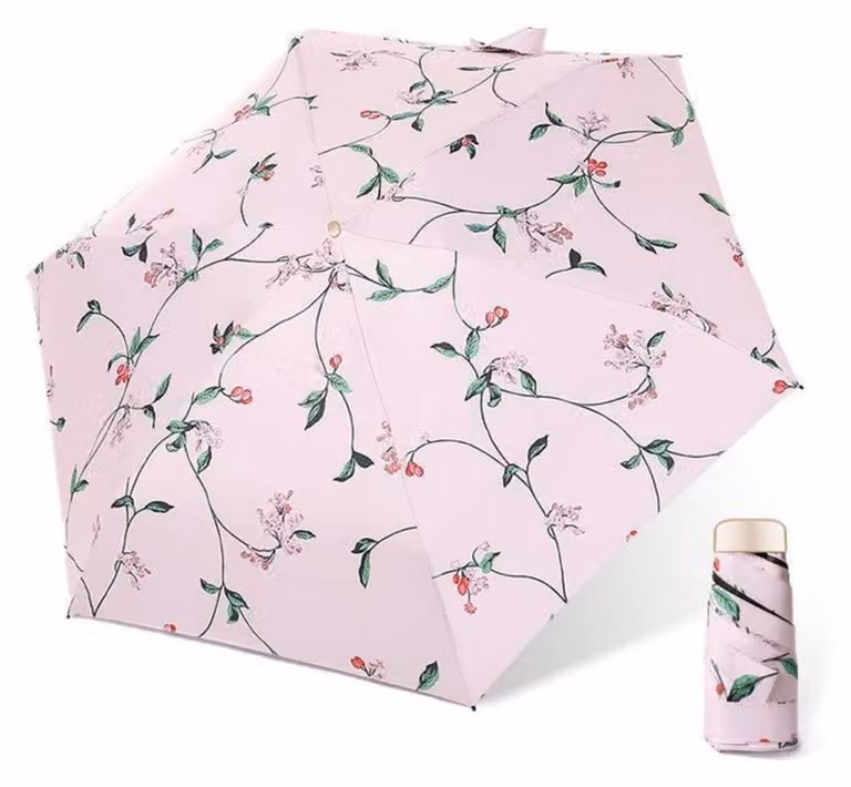 Ombrello compatto, protezione UV, resistente al vento, motivo floreale rosa