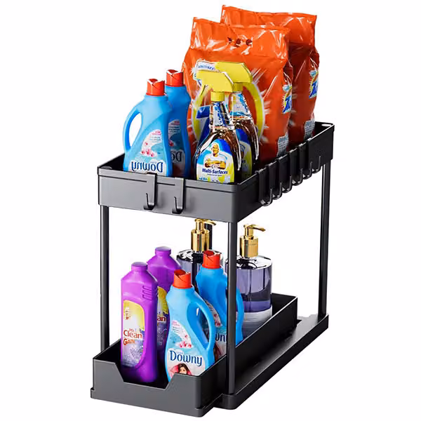 Organizer a due livelli, altezza regolabile, per mobiletto con 4 ganci e ripiano scorrevole per bagno e cucina