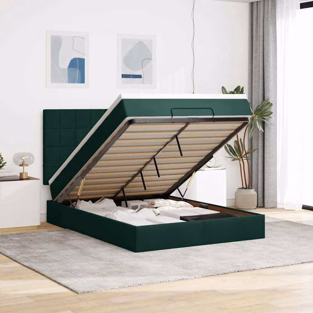 Letto con contenitore a sollevamento vidaXL in velluto verde e bianco con materasso L/P/H: 193 x 144 x 128 cm