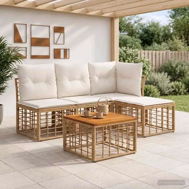 Set di divani da esterno 5 pz Naturale e Bianco Crema 3437450