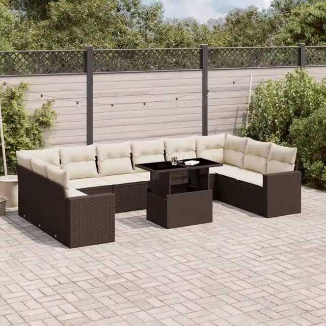 Set da giardino moderno vidaXL composto da 11 pezzi in polyrattan marrone e bianco con cuscini inclusi e tavolino da caffè in vetro