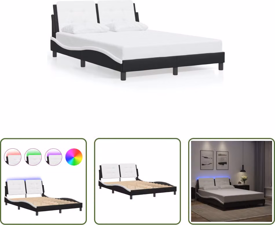 The Living Store Struttura letto con LED bianco e nero 140x190 cm in ecopelle